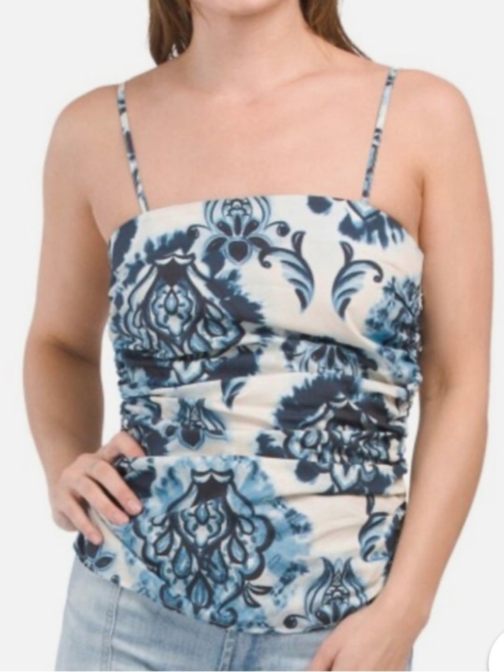 Zara Cream and Blue Paisley Ruched Spaghetti Strap Tank Top